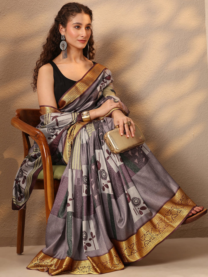 Purple Printed Silk Blend Saree With Unstitched Blouse Piece