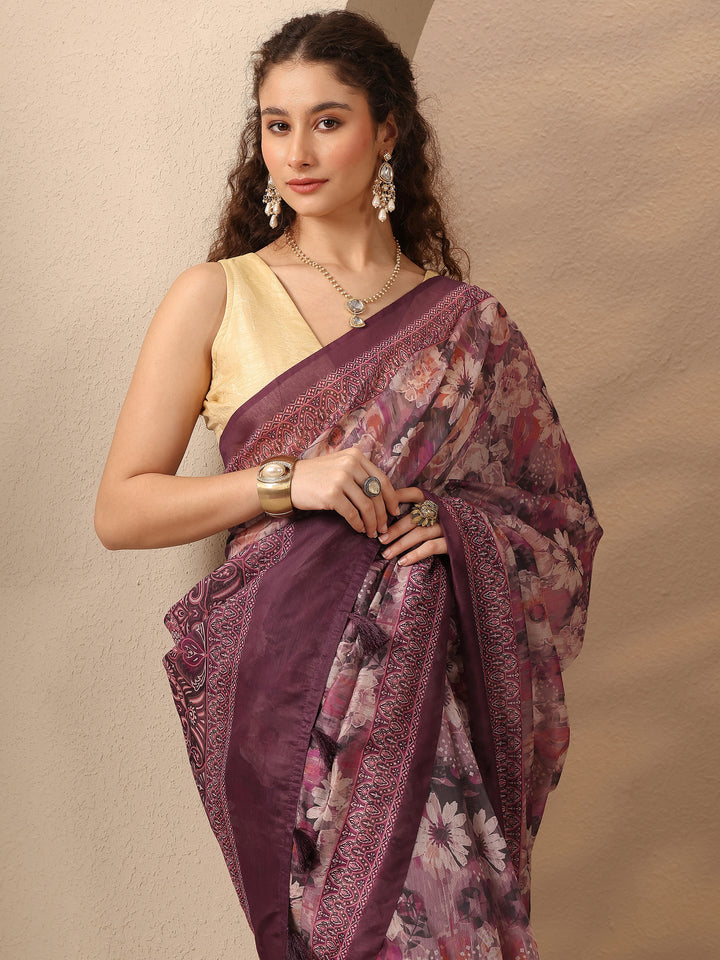 Purple Printed Silk Blend Saree With Unstitched Blouse Piece