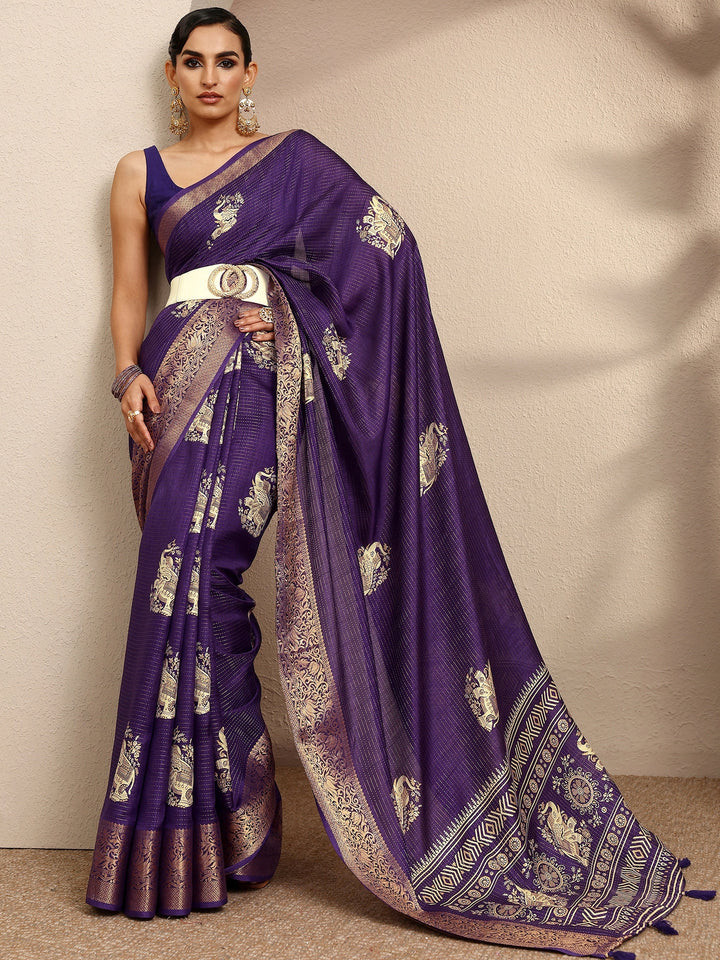 Purple Printed Silk Blend Saree With Unstitched Blouse Piece