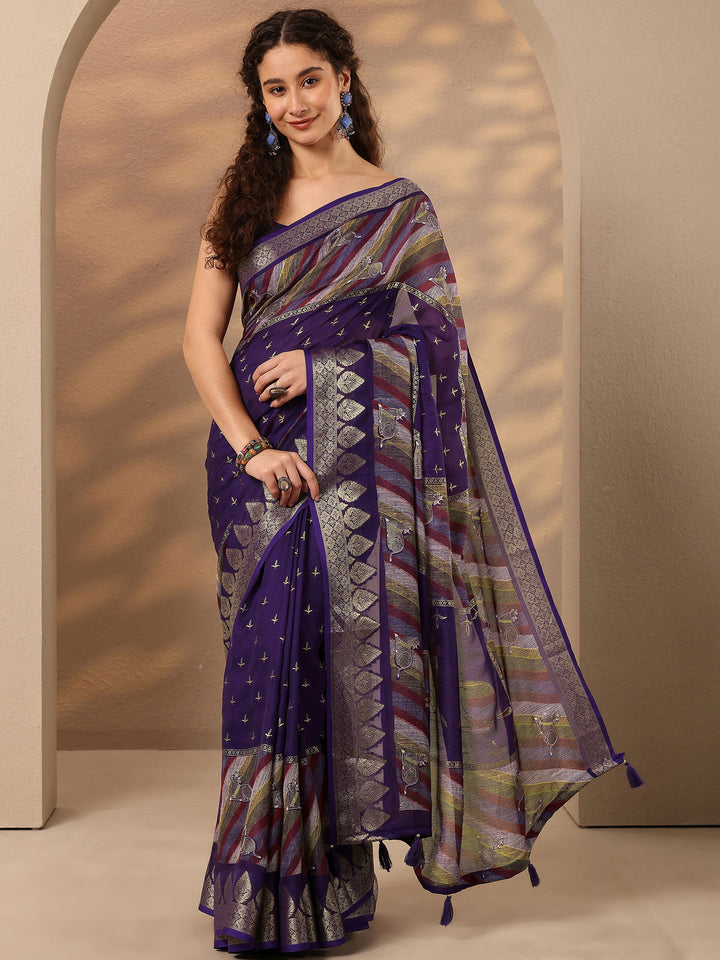 Purple Printed Silk Blend Saree With Unstitched Blouse Piece