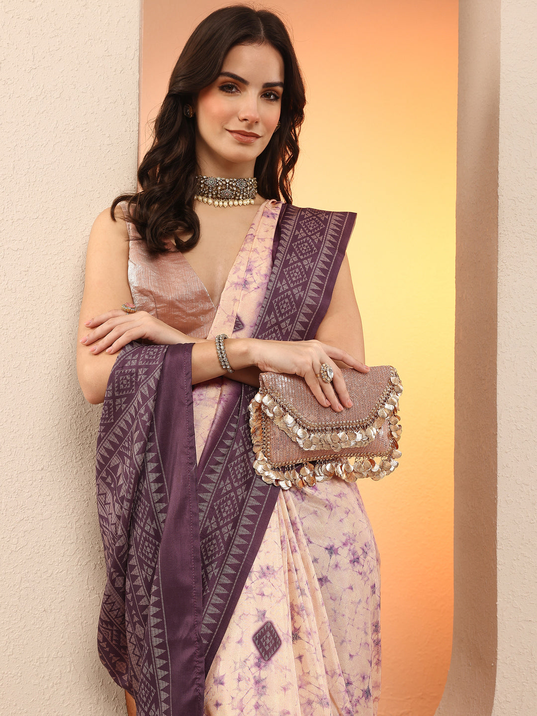 Purple Printed Silk Blend Sarees With Unstitched Blouse Piece