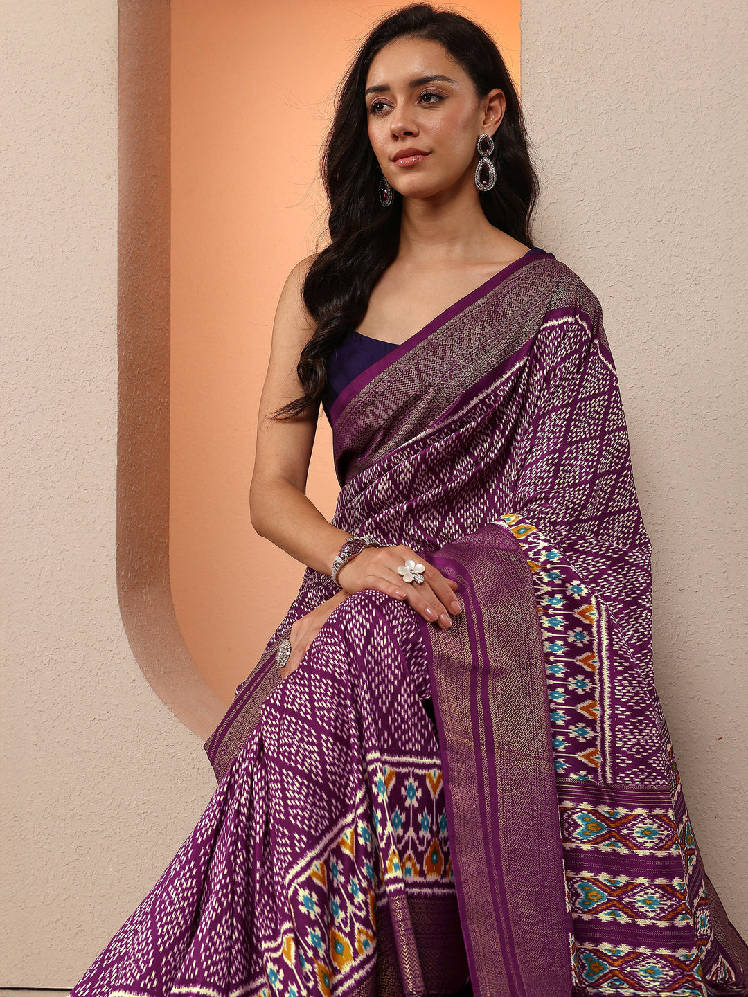Purple Printed Silk Blend Sarees With Unstitched Blouse Piece