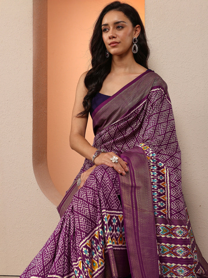 Purple Printed Silk Blend Sarees With Unstitched Blouse Piece