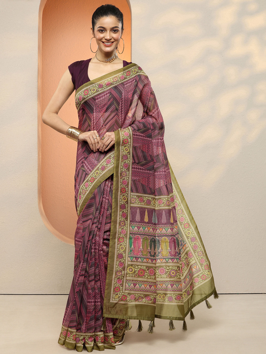 Purple Printed Silk Blend Sarees With Unstitched Blouse Piece
