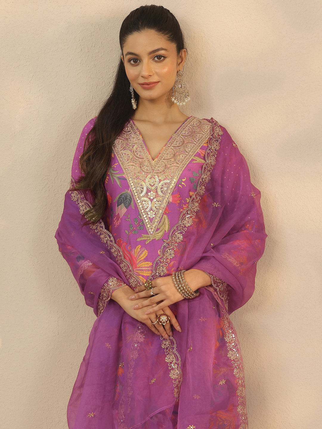 Purple Printed Silk Blend Straight Suit Set With Dupatta