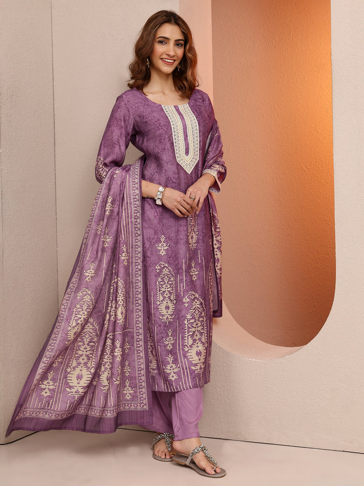 Purple Printed Silk blend Straight Suit Set With Dupatta