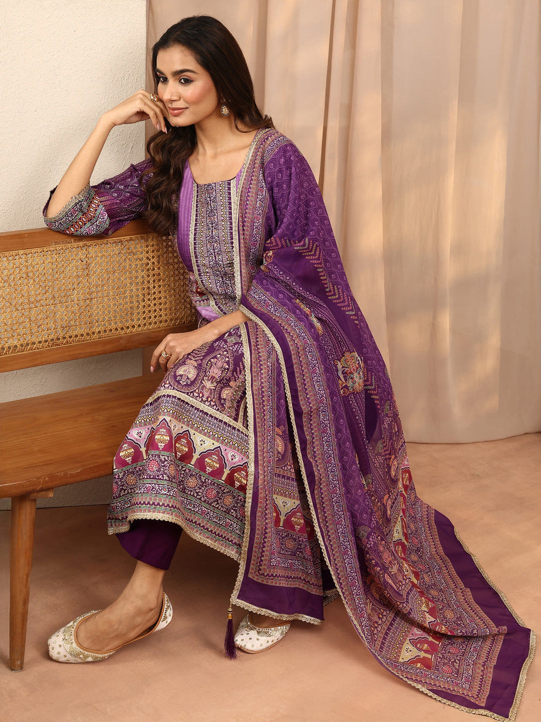 Purple Printed Silk Blend Straight Suit Set With Dupatta