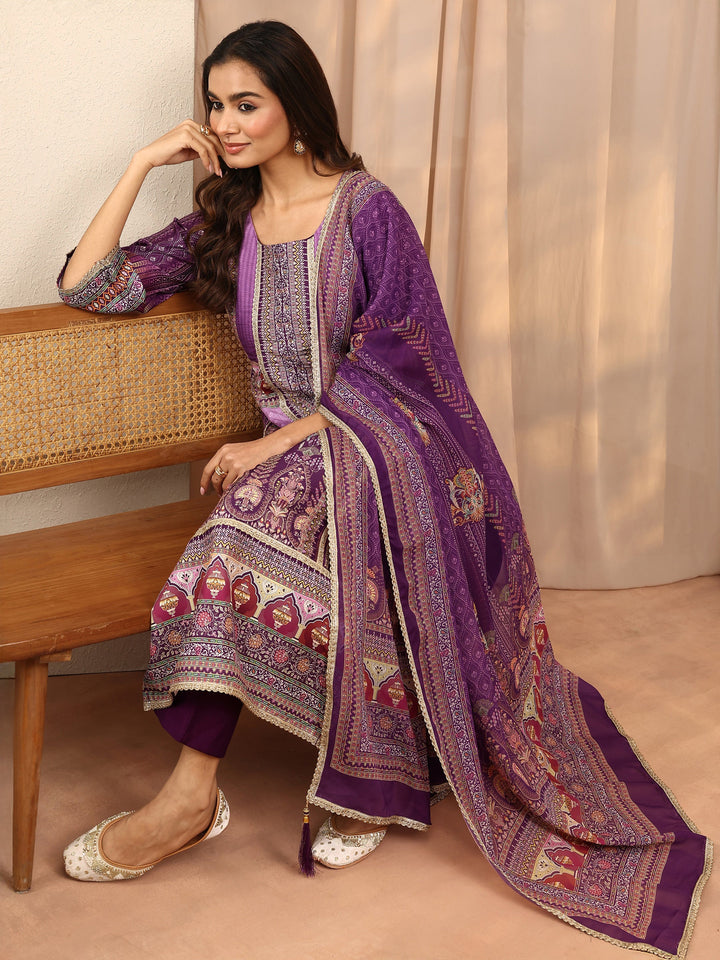 Purple Printed Silk Blend Straight Suit Set With Dupatta