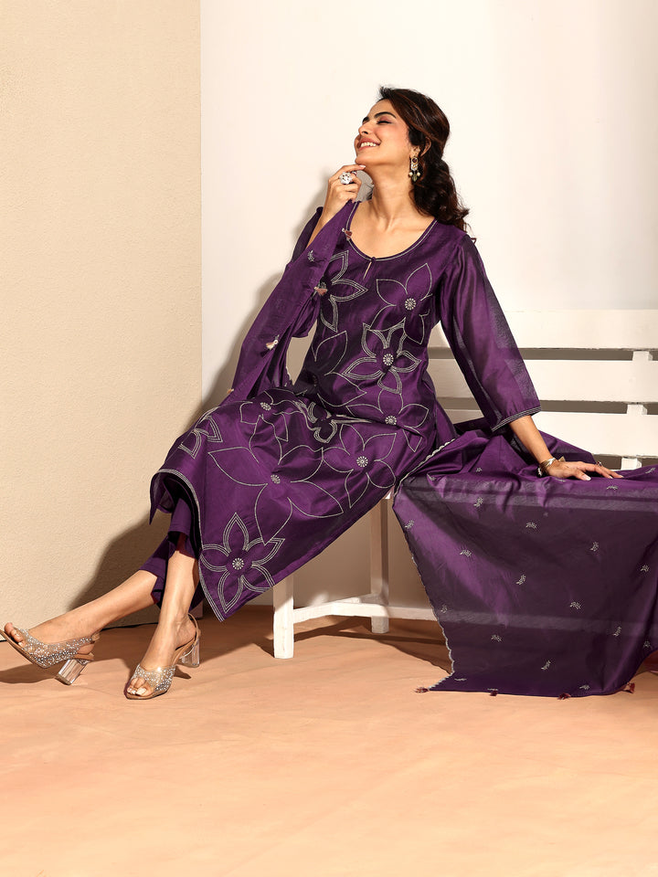 Purple Printed Silk Blend Straight Suit Set With Dupatta
