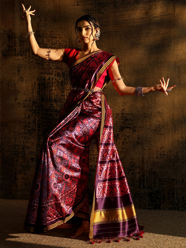 Purple Printed Silk Saree With Unstitched Blouse Piece