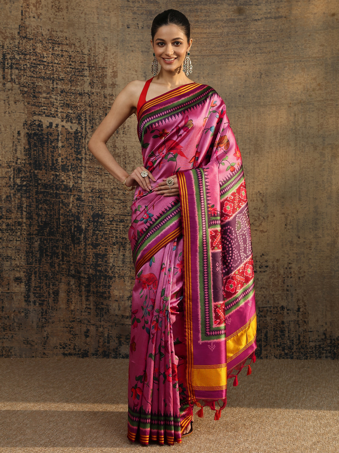 Purple Printed Silk Saree With Unstitched Blouse Piece
