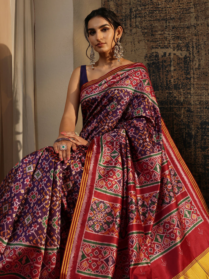 Purple Printed Silk Saree With Unstitched Blouse Piece