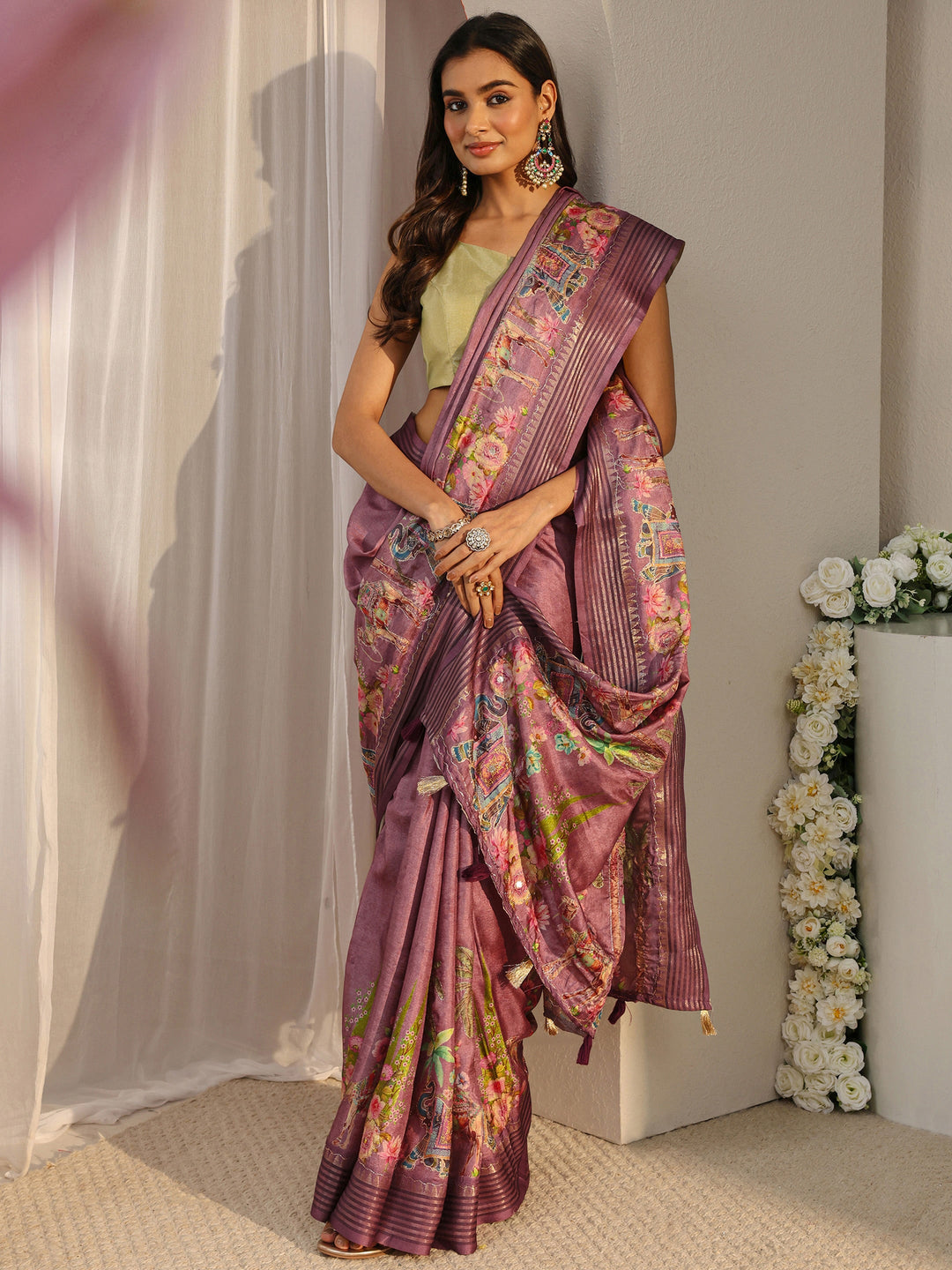 Purple Royal Printed Silk Blend Saree With Unstitched Blouse Piece