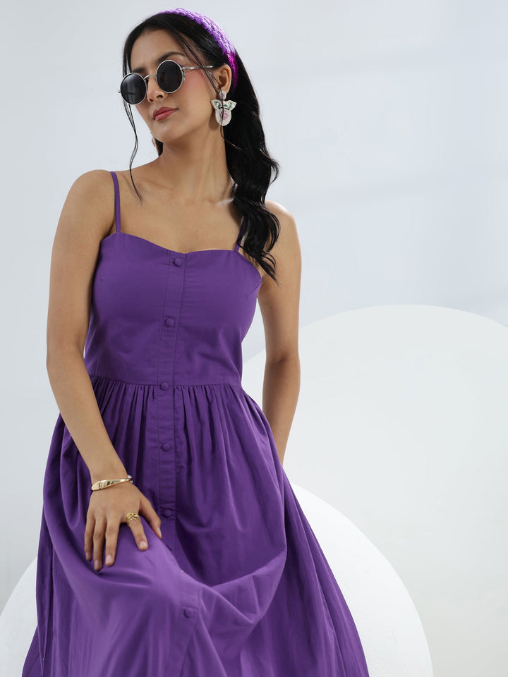 Purple Solid Cotton A-Line One-Piece Dress