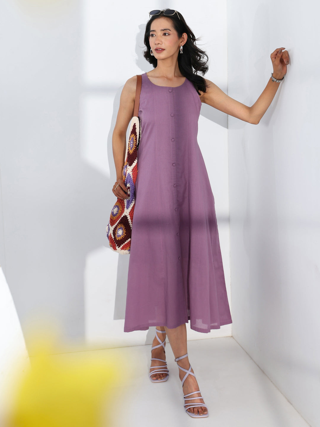 Purple Solid Cotton A-Line One Piece Dress