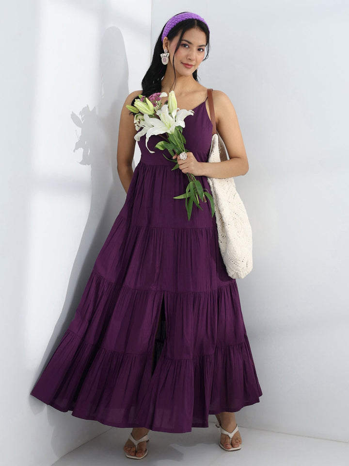 Purple Solid Cotton A-Line One-Piece Tiered Dress