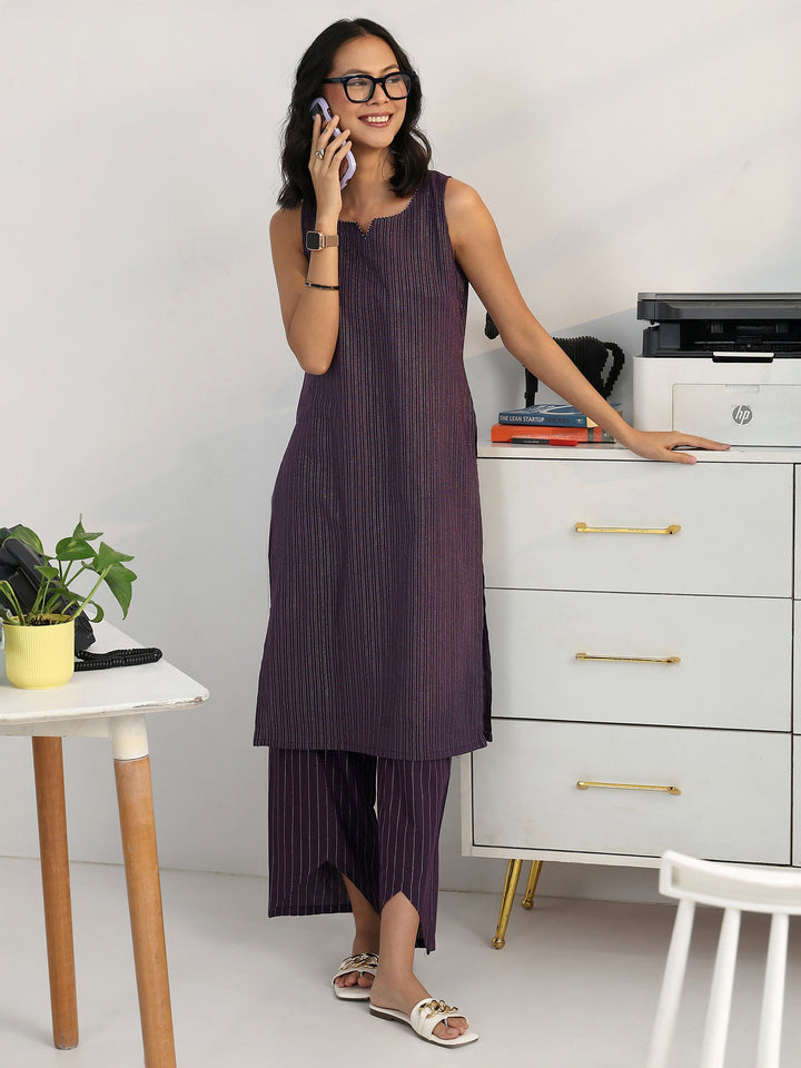 Purple Solid Cotton Blend Straight Kurta Set