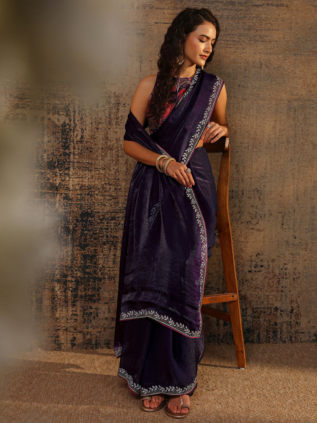 Purple Solid Satin Saree With Unstitched Blouse Piece