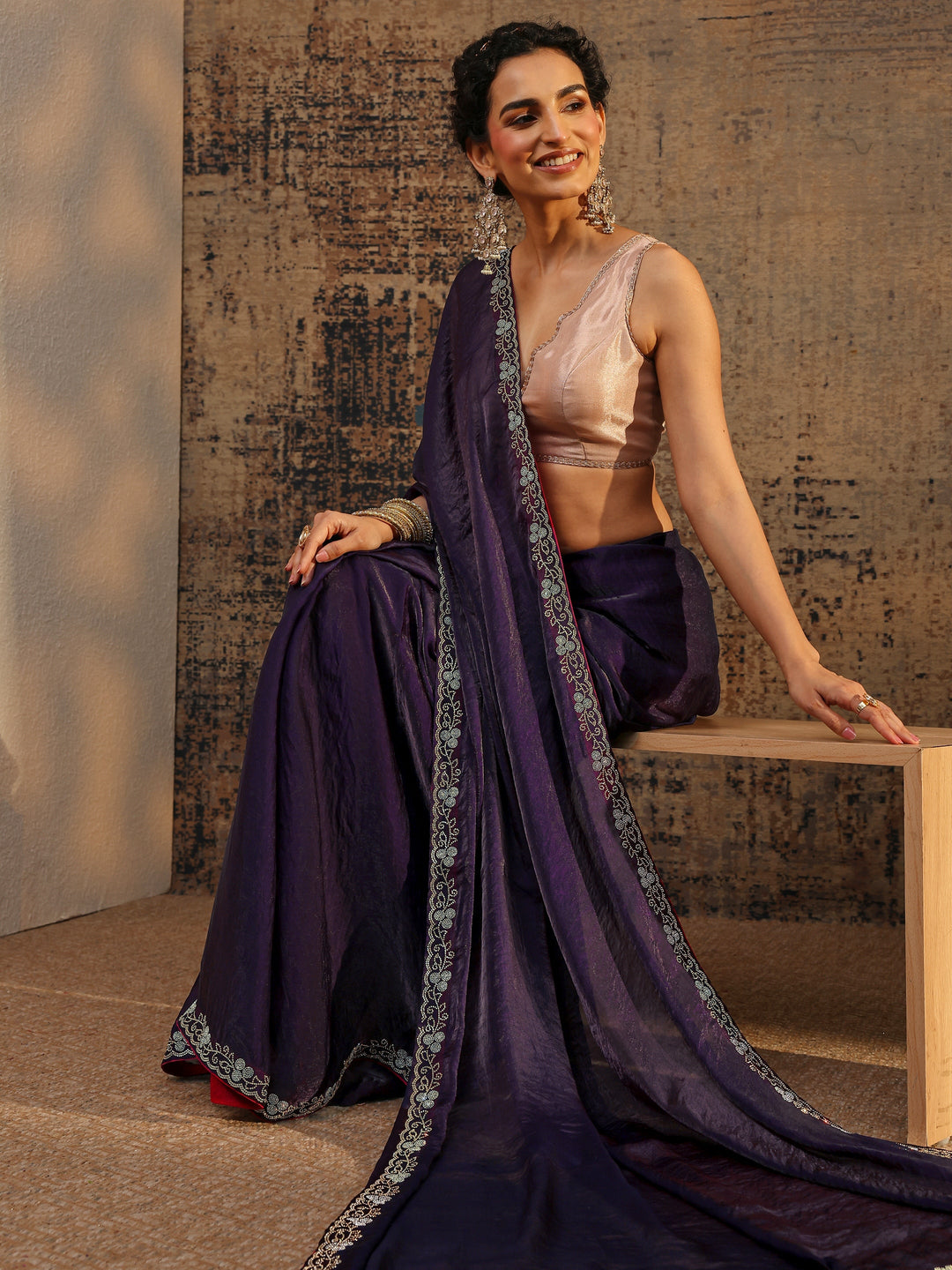 Purple Solid Satin Saree With Unstitched Blouse Piece