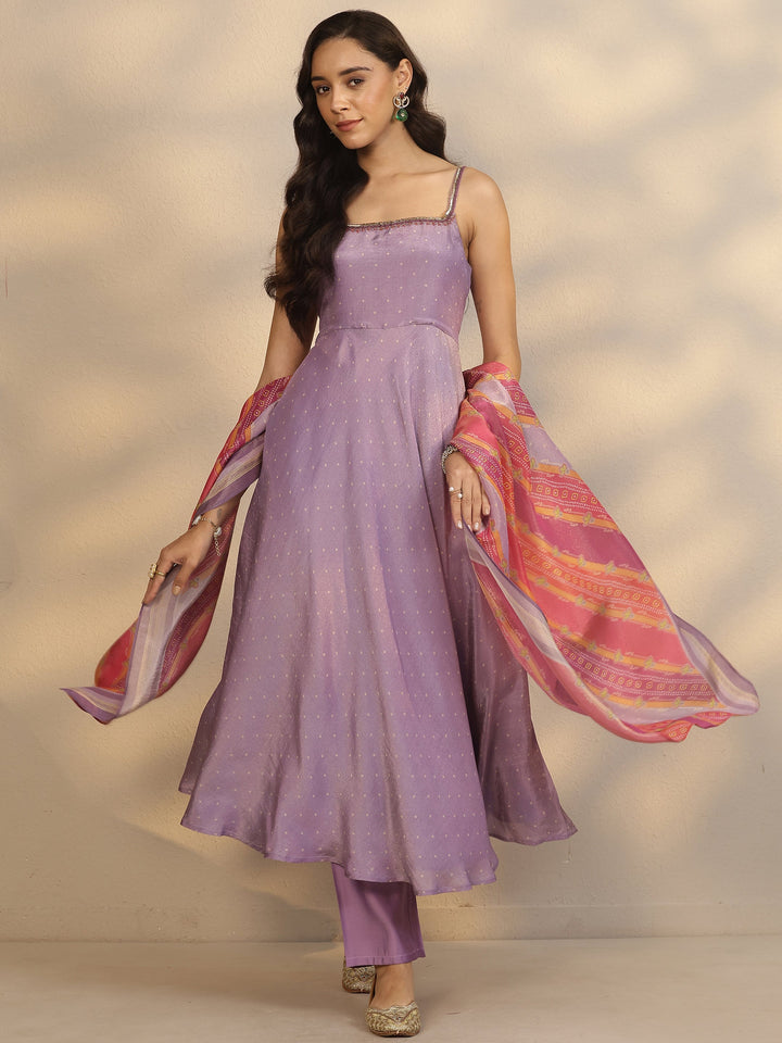 Purple Solid Silk Blend Anarkali Suit Set With Dupatta