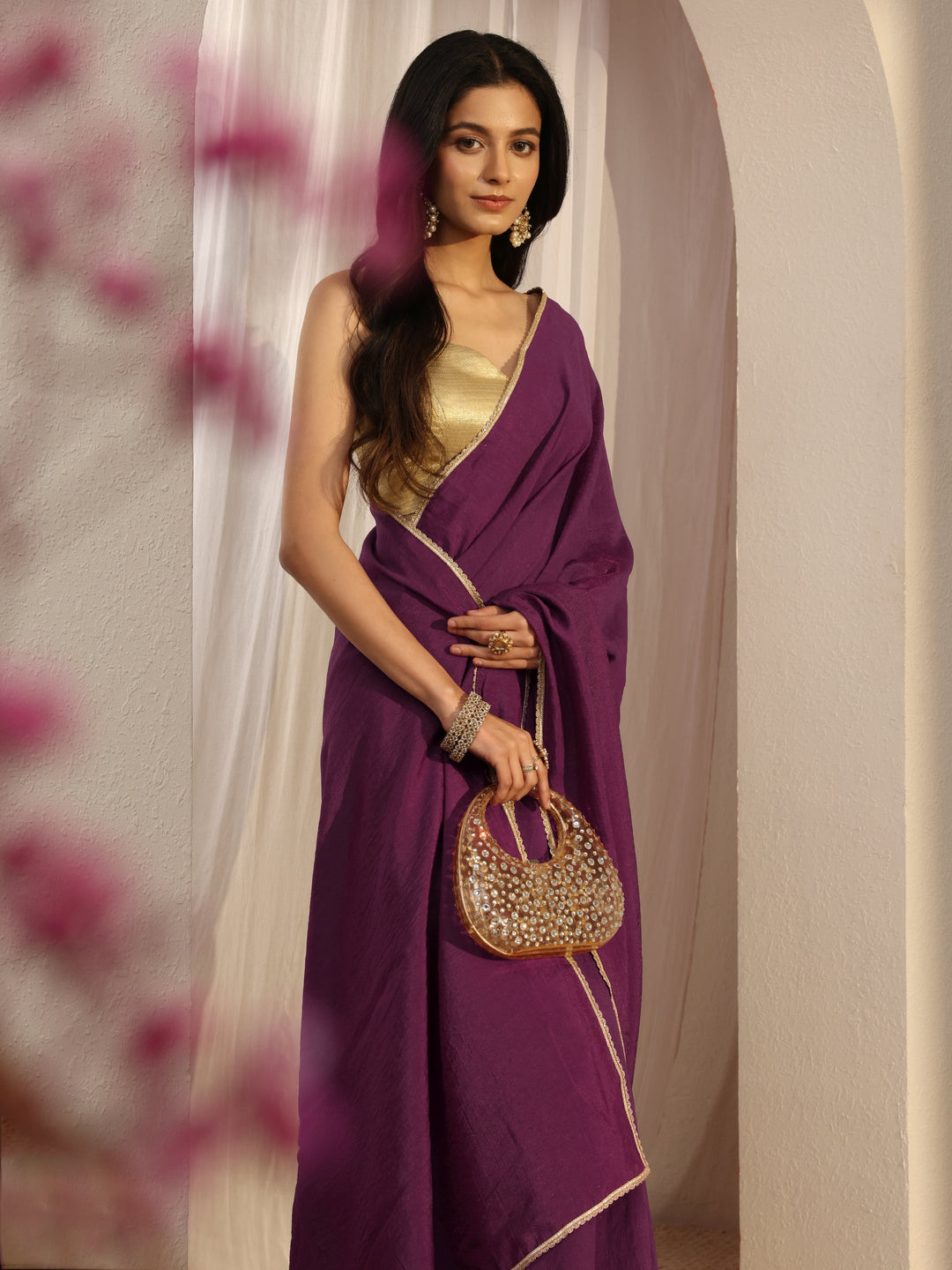 Purple Solid Silk Blend Saree With Unstiched Blouse Piece