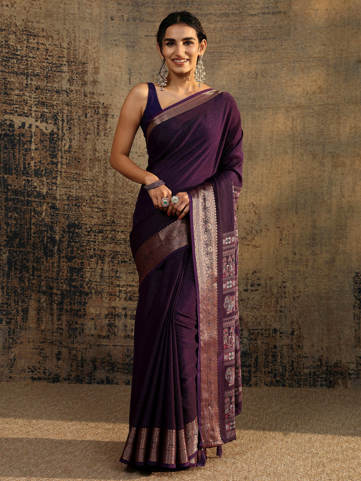 Purple Solid Silk Blend Saree With Unstitched Blouse Piece
