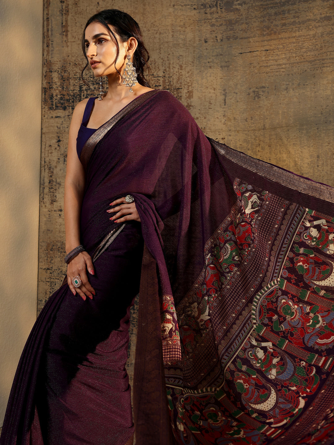 Purple Solid Silk Blend Saree With Unstitched Blouse Piece