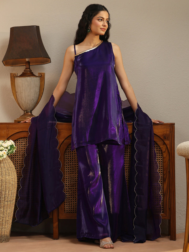 Purple Solid Tissue One Shoulder Palazzo Suit Set