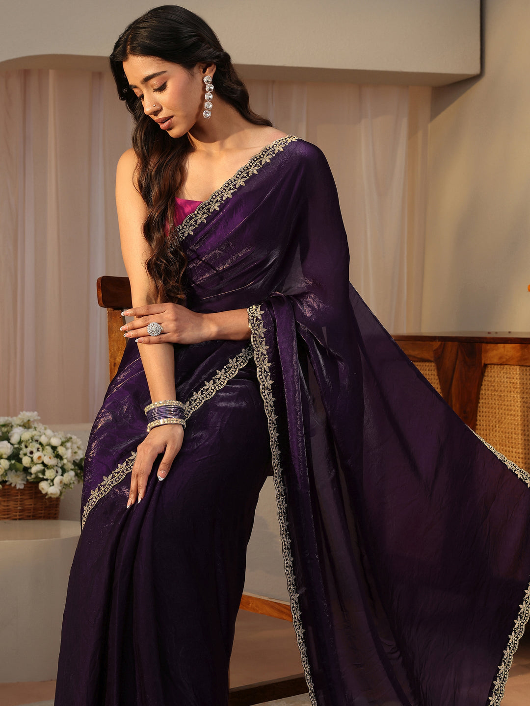 Purple Solid Tissue Saree