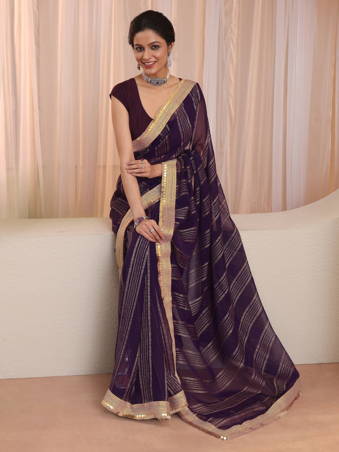 Purple Striped Textured Chiffon Saree