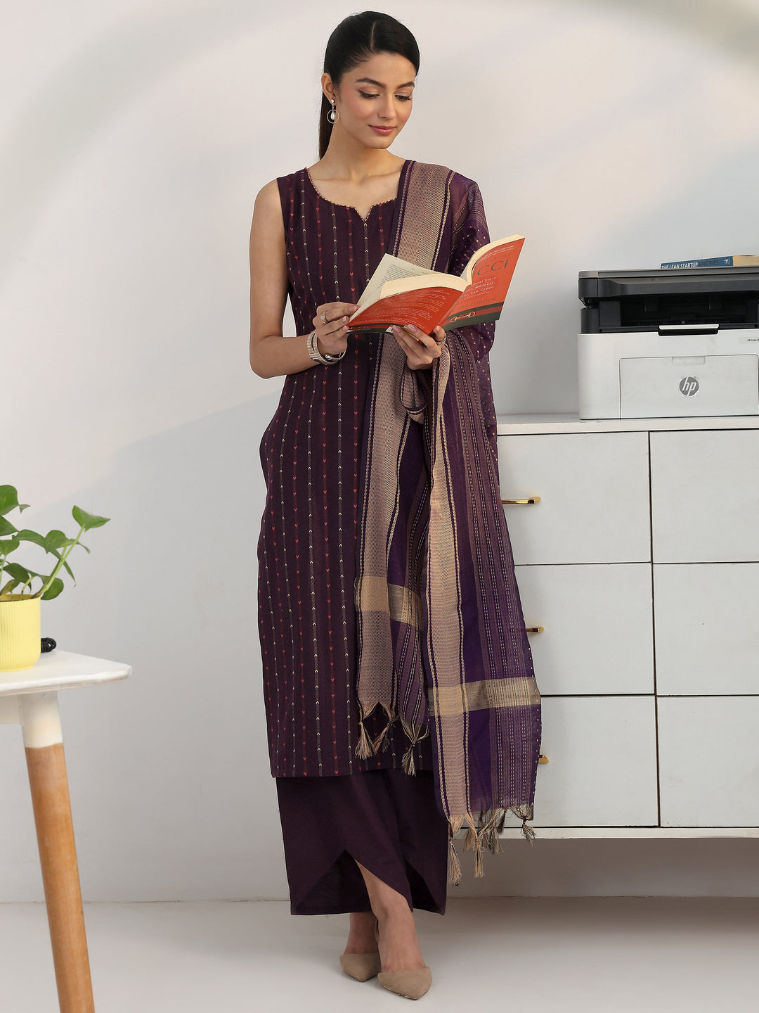 Purple Striped Woven Design Cotton Blend Straight Suit Set With Dupatta