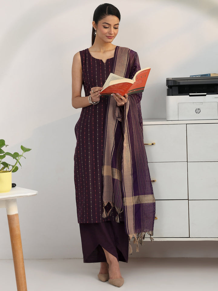Purple Striped Woven Design Cotton Blend Straight Suit Set With Dupatta