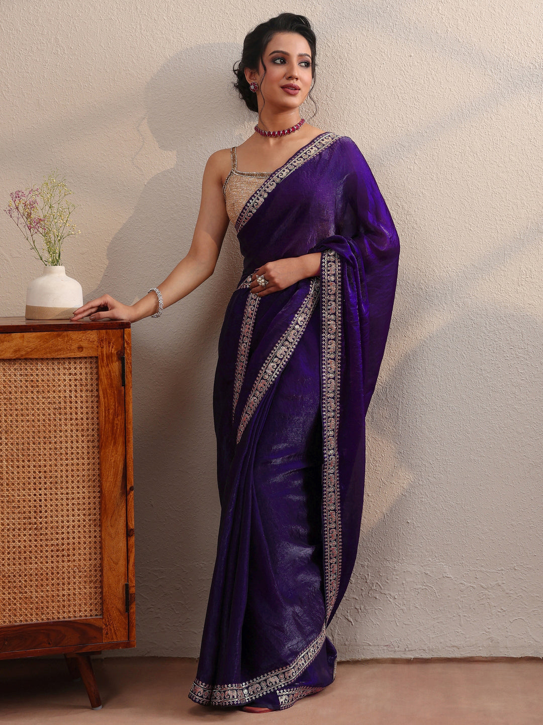 Purple Tissue Saree With Embellished Border