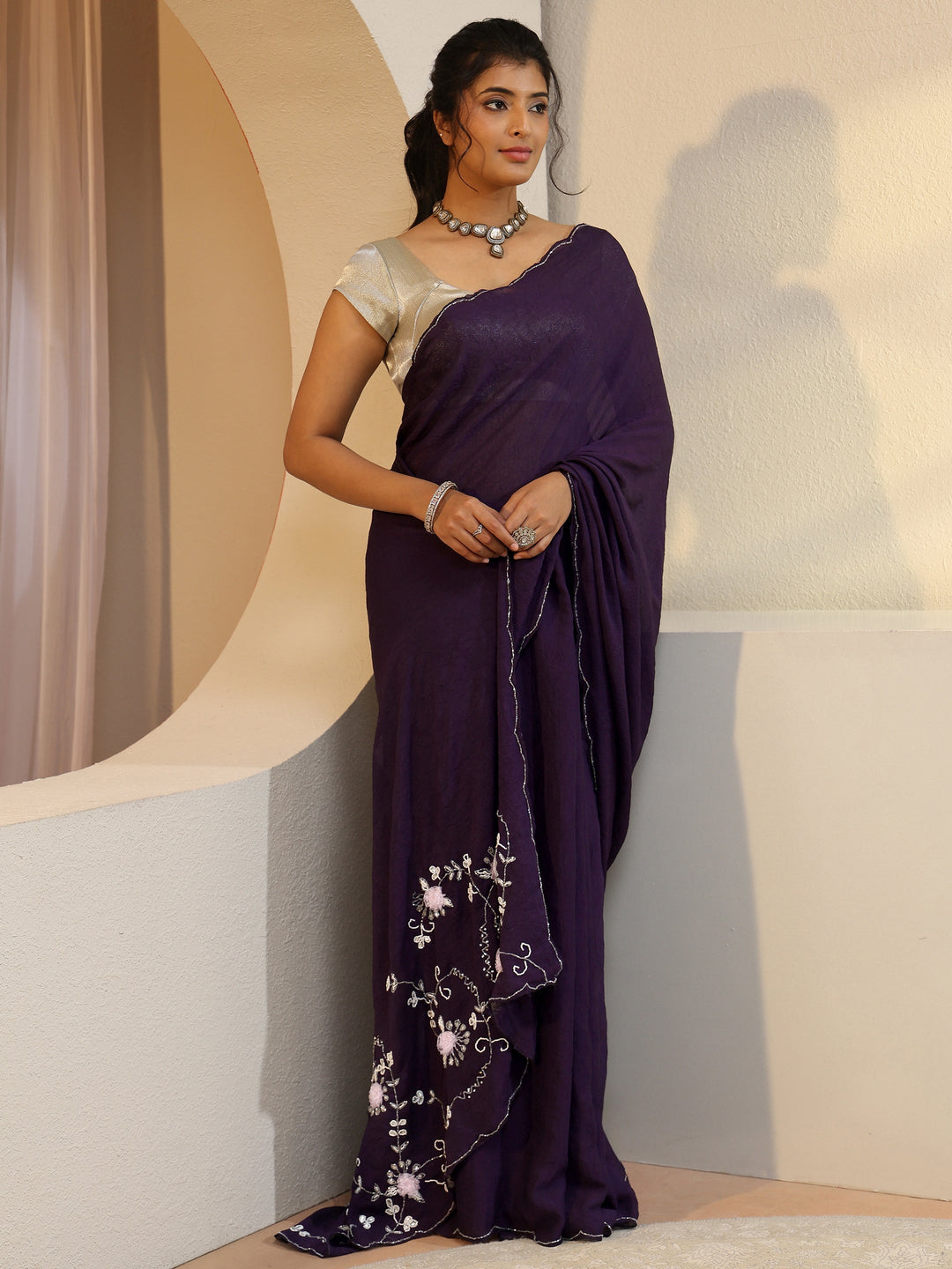 Purple Tissue Saree With Floral Embellished Pallu