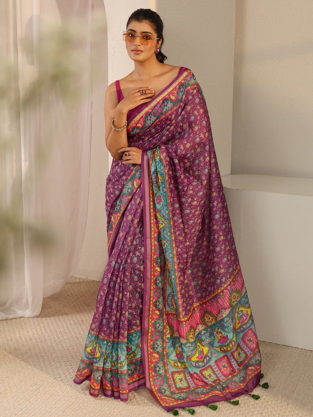 Purple Tribal Printed Silk Blend Tassel Saree With Unstitched Blouse Piece