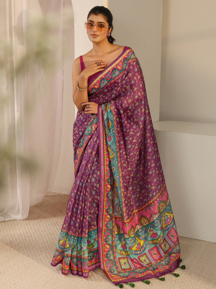 Purple Tribal Printed Silk Blend Tassel Saree With Unstitched Blouse Piece