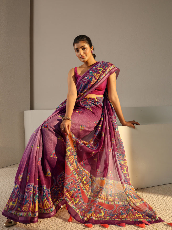 Purple Tribal Printed Silk Blend Tassel Saree With Unstitched Blouse Piece