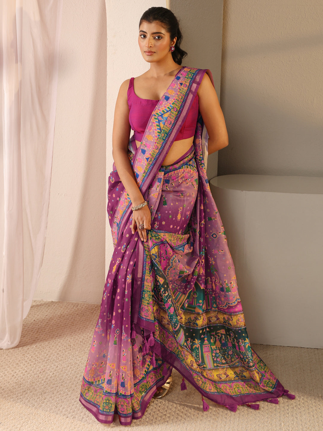Purple Tribal Printed Silk Blend Tassel Saree With Unstitched Blouse Piece