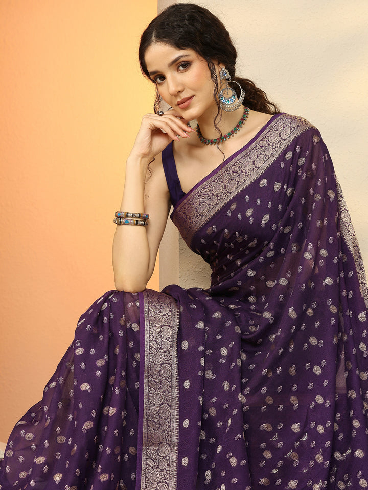 Purple Woven Design Georgette Saree With Unstitched Blouse Piece