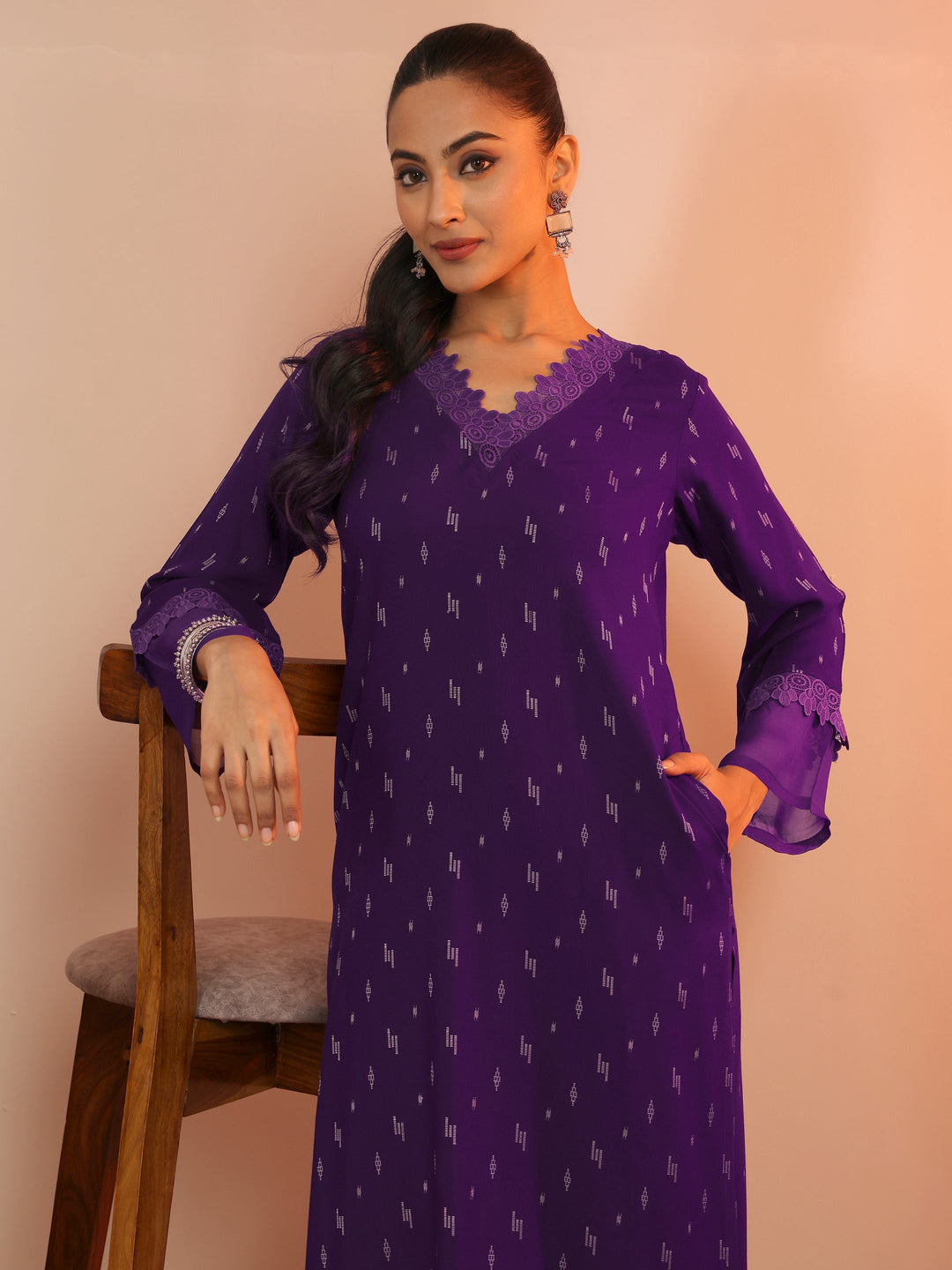 Purple Woven Design Rayon Straight Kurta