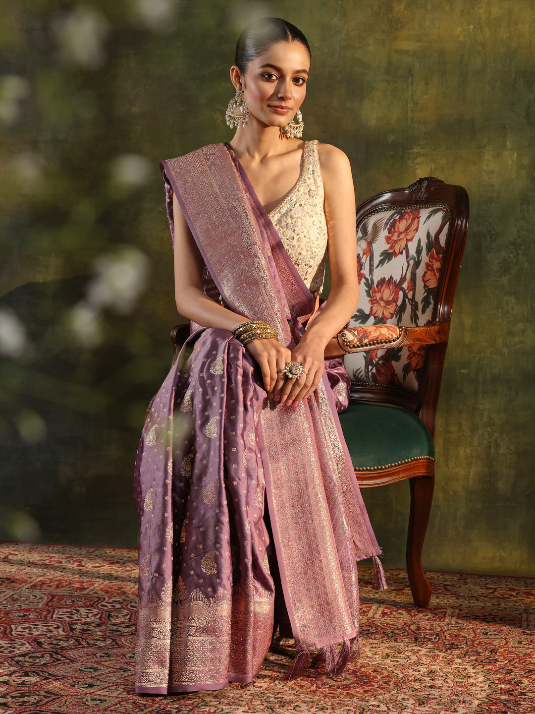 Purple Woven Design Satin Banarasi Saree With Unstitched Blouse Piece