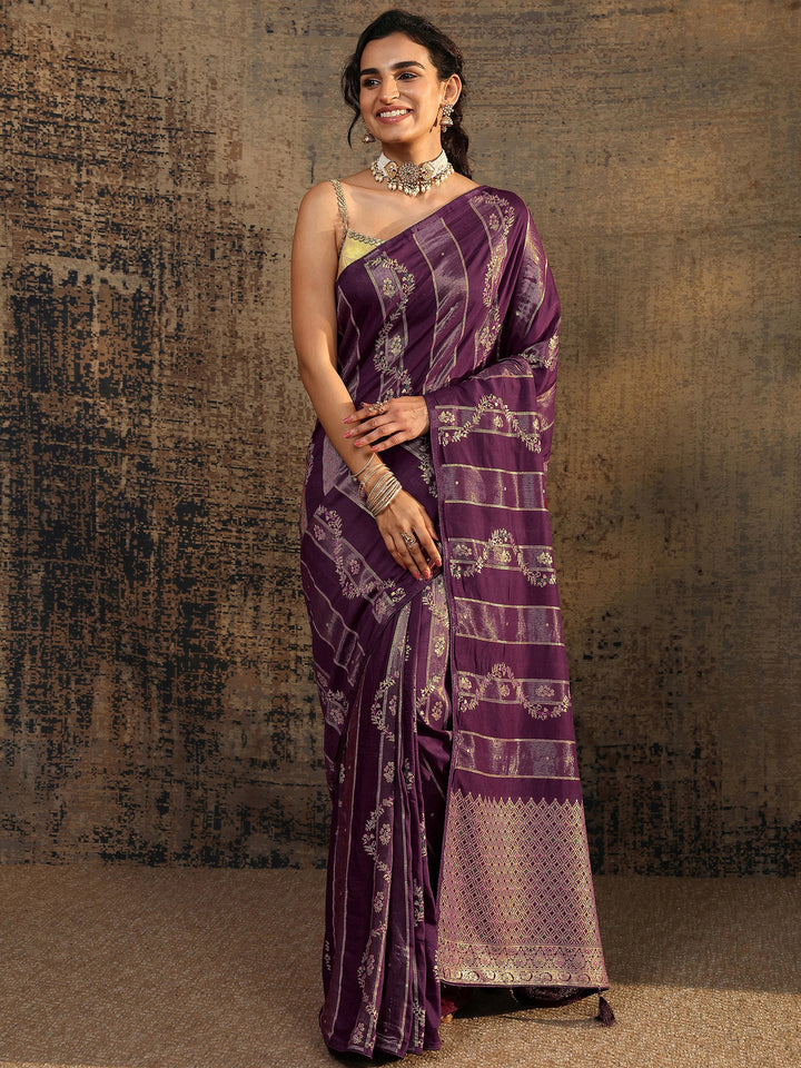 Purple Woven Design Silk Blend Banarasi Saree With Unstitched Blouse Piece