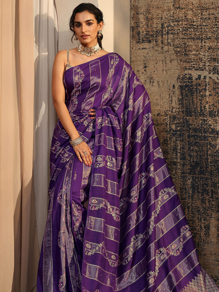 Purple Woven Design Silk Blend Banarasi Saree With Unstitched Blouse Piece