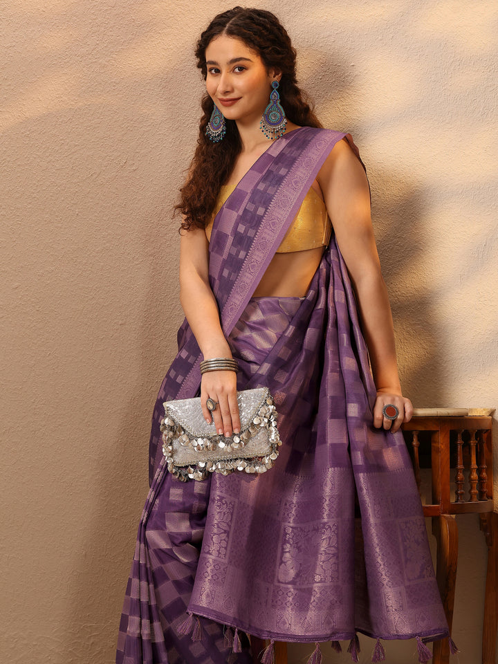 Purple Woven Design Silk Blend Saree With Unstitched Blouse Piece
