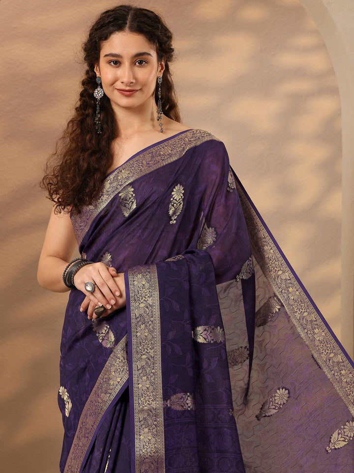 Purple Woven Design Silk Blend Saree With Unstitched Blouse Piece