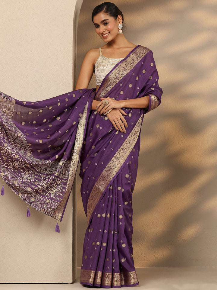 Purple Woven Design Silk Blend Saree With Unstitched Blouse Piece