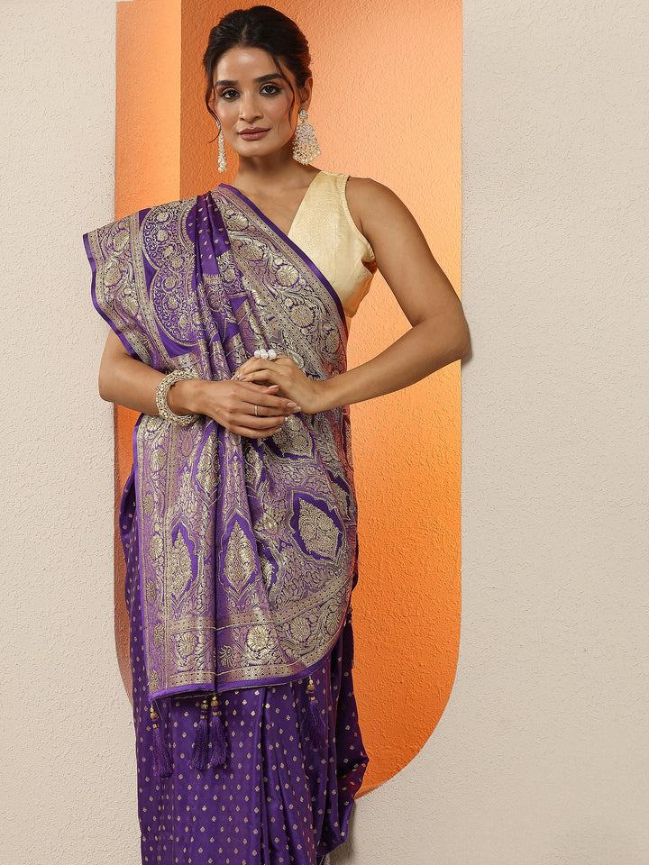 Purple Woven Design Silk Blend Sarees With Unstitched Blouse Piece