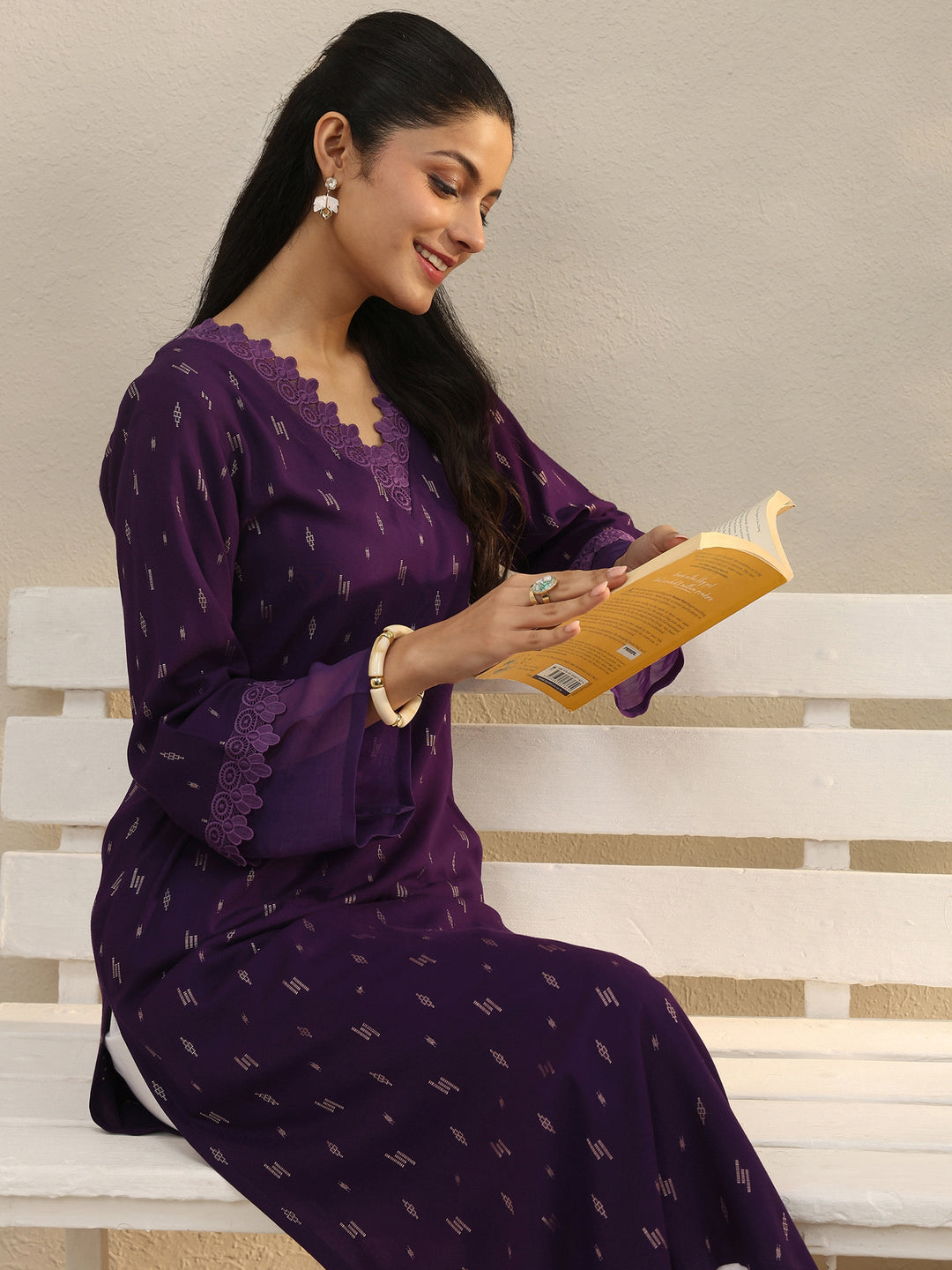 Purple Woven Design Rayon Straight Kurta