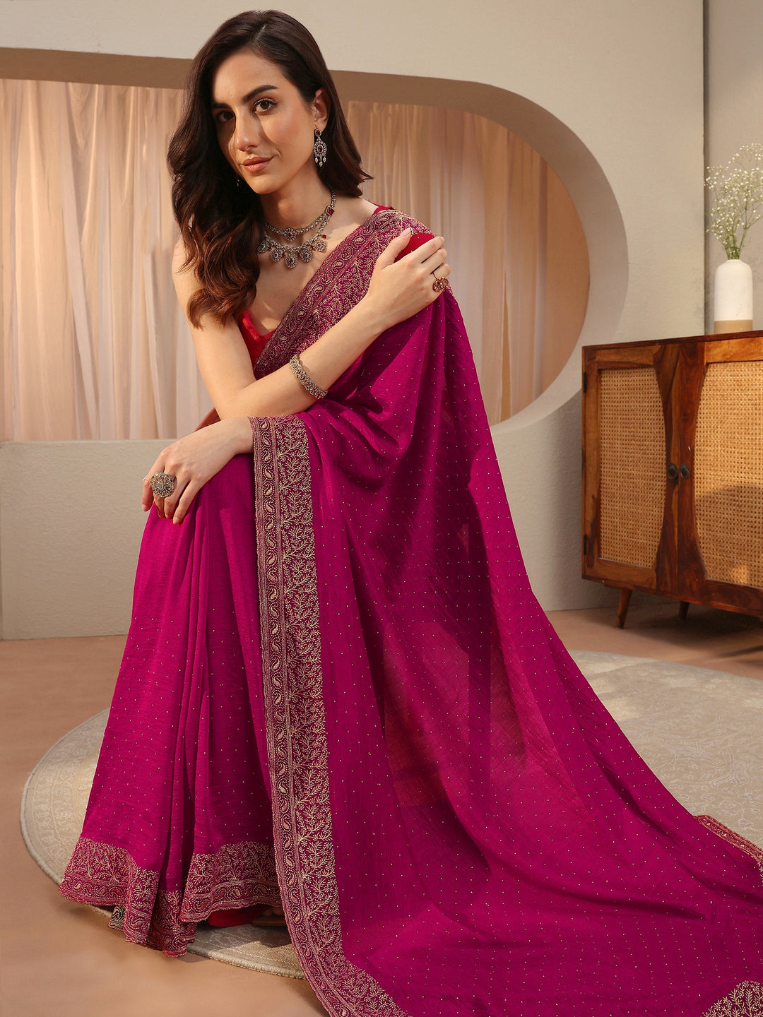 Rani Pink Embellished Silk Blend Saree
