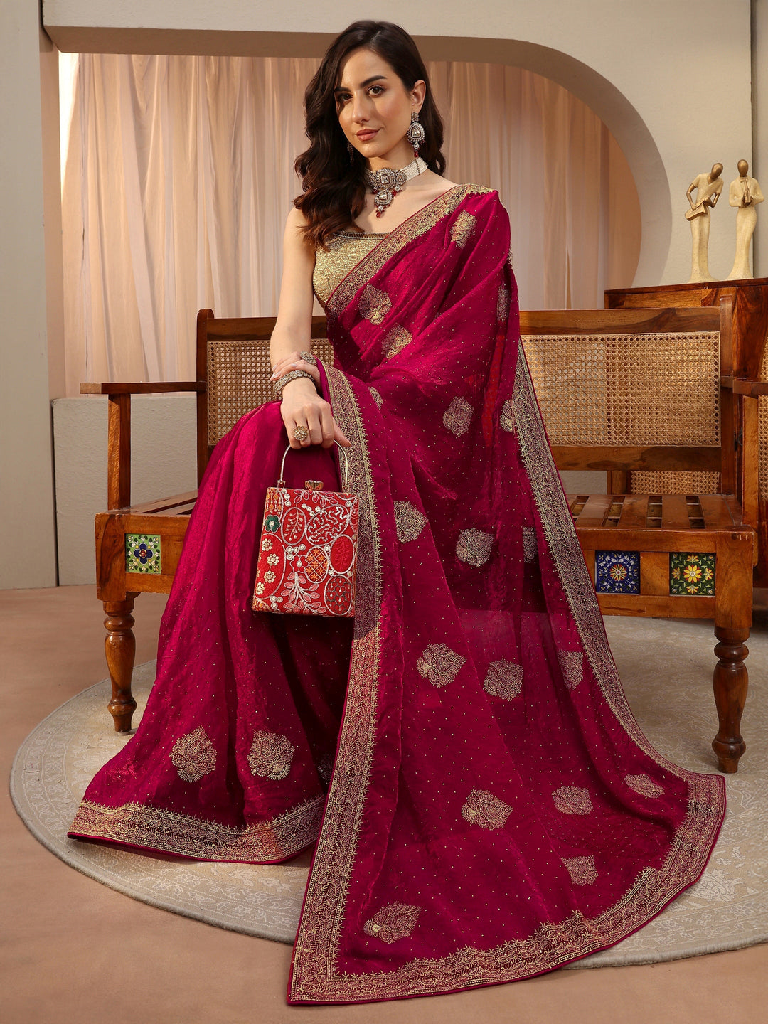 Rani Pink Ethnic Embellished Tissue Saree